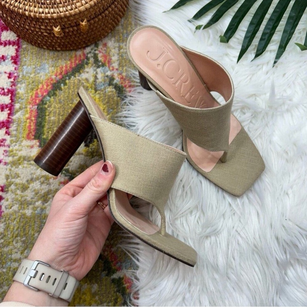 $248 J. Crew Beige Tan Square Toe Rounded Heel Thong Sandals in Linen 6.5